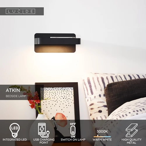 Lucide ATKIN - Bedside lamp / Wall light - LED - 1x6W 3000K - With USB charging point - Black - USP